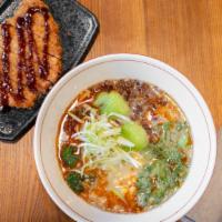 Wakuwaku Signature Ramen · Spicy sesame flavor pork broth, (contains soy) top with fried pork, bok choy, scallion, red ...