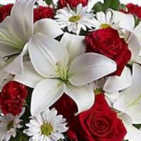 Be My Love Bouquet With Red Roses · Red roses and carnations are exquisitely arranged with white Asiatic lilies and chrysanthemu...