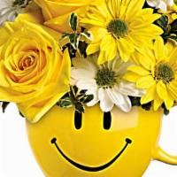 Be Happy® Bouquet With Roses · Yellow roses and daisy spray chrysanthemums along with white daisy spray chrysanthemums and ...