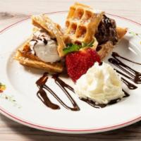 Dessert Waffle · Warm Belgian waffle with vanilla & chocolate gelatos, Drizzle of Chocolate and homemade whip...