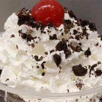 Oreo Sundae · 3 scoops of Oreo ice cream, Oreos and hot fudge, topped with whipped cream and a cherry.
