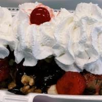 3 Scoops Banana Split · Our banana split sundae comes with hot fudge, strawberries, pineapple, whipped cream and a c...