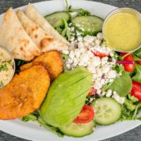 Ama'S Delight Salad · Mixed greens, hummus, plantains, pita bread and feta cheese.