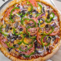 Vegetable Deluxe Pizza (Medium 14'') · Onions, peppers, mushrooms, broccoli, spinach, tomato, fresh garlic, cheese, and sauce. Vege...