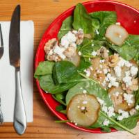 Pear + Goat Cheese (Regular) · Spinach, candied walnuts, grilled pear, goat cheese, and balsamic vinaigrette.
