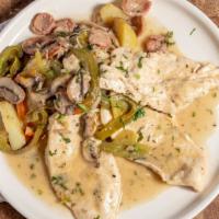 Pollo Scarpariello · Boneless breast of chicken sautéed with sausage, onions, peppers, mushrooms, and potatoes in...