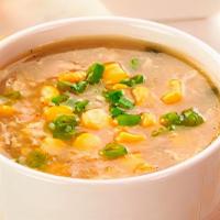 Veg Corn Soup · Thin soup made with sweet corn kernels.
