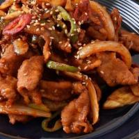 Daeji Bulgogi · Spicy. Thinly sliced tender pork loin marinated in special spicy sauce.