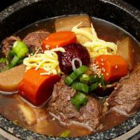 Spicy Galbijjim Combo · Spicy braised short prime rib stew and vegetable with Dubu soup combination.