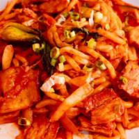 Pork Belly Pepper Bomb（Spicy）五花肉炒乌冬（辣） · Stir-fried Korean udon noodles with pork belly, bok choy, bean sprout, carrots, zucchini, on...