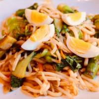 Yaki Udon 炒乌冬 · Stir-fried Korean udon noodles with soft boiled egg, broccoli, bok choy, bean sprout, carrot...