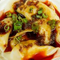 Chef Z'S Dumplings W. Chili Oil 红油水饺 · 钟水饺 / pork dumplings in chili oil, 8 pieces. spicy.