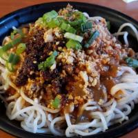 Chengdu Ignite Noodle 成都燃面 · 成都燃面 / fire alert! super spicy chili oil, drizzled with ground pork. spicy.