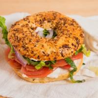 Luhv Lox · Smoked golden beets, cream cheese, onions, capers, everything bagel.
