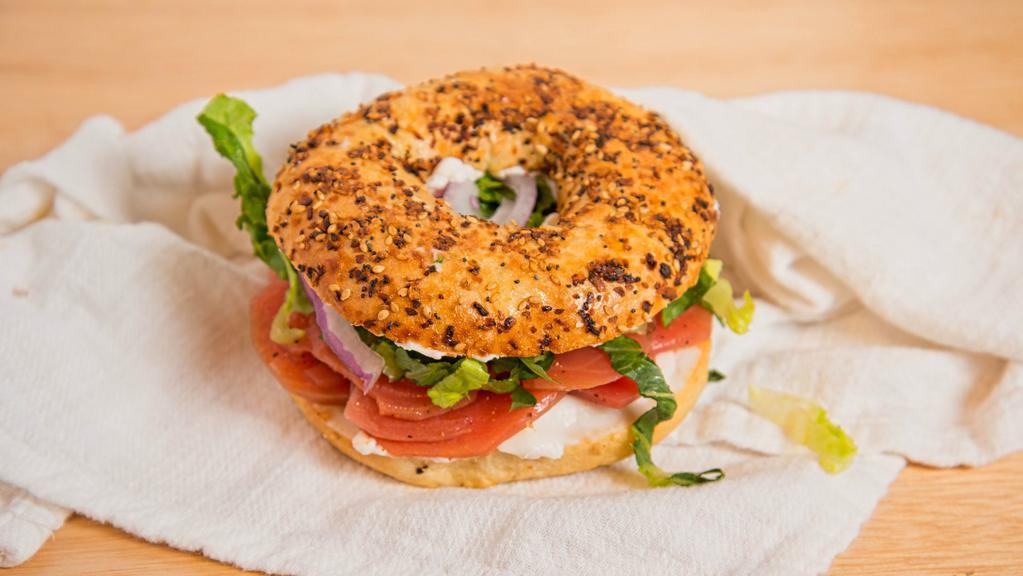 Luhv Lox · Smoked golden beets, cream cheese, onions, capers, everything bagel.