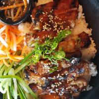 Grilled Chicken Rice Bowl · Teriyaki style grilled chicken, cucumber and pickled vegetables sprinkled with sesame seeds ...