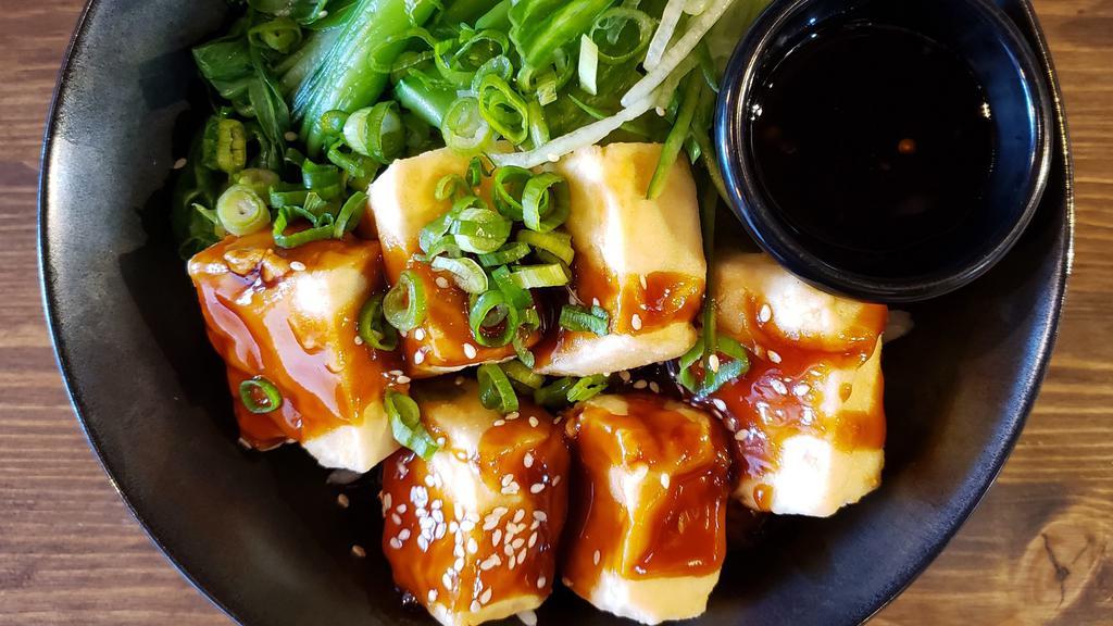 Fried Tofu Rice Bowl · Light battered-fried Japanese tofu, bok choy and cucumber sprinkled with sesame seeds and scallions. Served with hot sweet soy sauce.