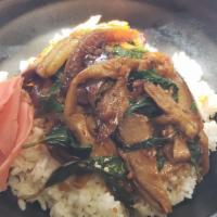 Spicy Cha-Shu Rice Bowl · Sauteed cha-shu (marinated braised pork belly) with spicy garlic sauce, bamboo, wood ear mus...