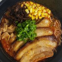 Spicy Miso · Contains egg. Spicy. Spicy pork broth, miso, cha-shu pork, sweet corn, menma (Japanese bambo...
