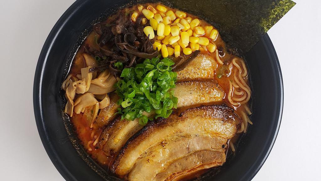 Spicy Miso · Contains egg. Spicy. Spicy pork broth, miso, cha-shu pork, sweet corn, menma (Japanese bamboo), nori, wood ear mushrooms, sesame seed and scallions.