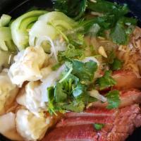 Mi Wonton Pho · Contains egg and shellfish. Chicken broth, pork and shrimp dumplings, ramen noodle, bok choy...