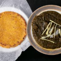 Maaki Di Roti And Saag · Combo of Gram flour flat bread and Spinach curry. Comes with 2 roti, yogurt, onion,chilly an...