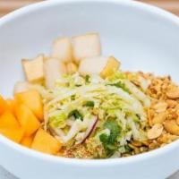 Burmese Crunch Salad · Napa cabbage, melon, pear, red onion, peanut, sesame seed, pepitas, toasted chickpea flour, ...