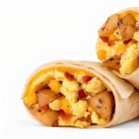 Breakfast Burrito · Scrambled egg, bacon and cheese mixed with potatos on a white wrap with a slice of cheddar c...