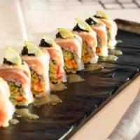 Torched Yellowtail · Raw. Cucumber, tobiko, spicy mayo inside; torched yellowtail on the outside with sweet miso ...