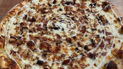 Cbr · Homemade ranch, Mozzarella cheese, topped with bacon and chicken.