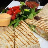 Spicy Shrimp Quesadilla · Shrimps, Monterey Jack Cheese, Jalapeno peppers.
Side of garnish salad, spicy chipotle sauce...
