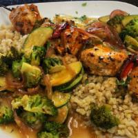 Chicken Kabob · Served with grilled vegetables and organic brown rice.