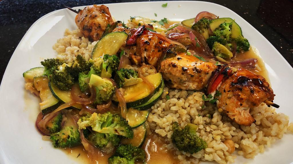 Chicken Kabob · Served with grilled vegetables and organic brown rice.