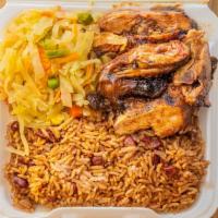 Jerk Chicken · Each platter is served with your choice of 2 sides. Rice & peas, white rice, candied yams, c...