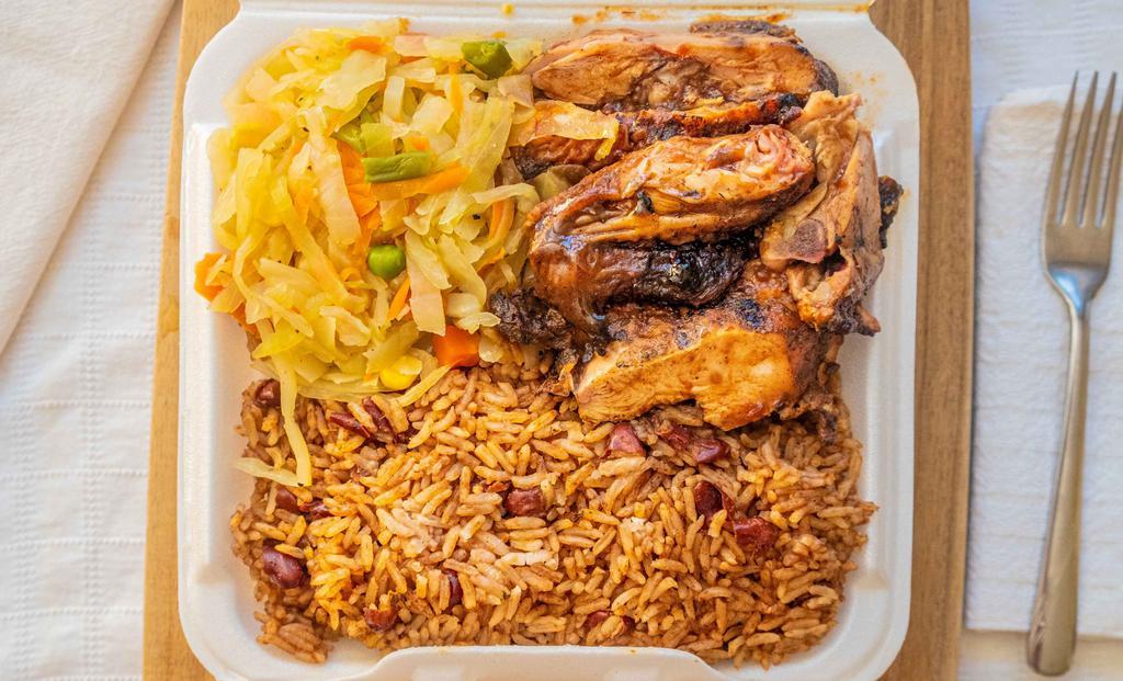 Jerk Chicken · Each platter is served with your choice of 2 sides. Rice & peas, white rice, candied yams, collard greens, steamed cabbage, mac & cheese.