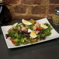 Gf Tonno Salad · mix green ,hard boil eggs ,cannellini beans  ,olives ,tomato sangria, Italian yellow tin tuna