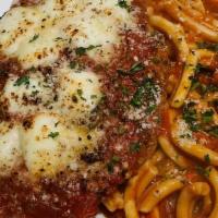 Gf Chicken Parmigiana · GF pasta , pomodoro sauce , mozzarella fior di latte