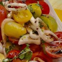 Vegan Tomato Salad · heirloom tomato , basil , EVOO, aged balsamic, red onion