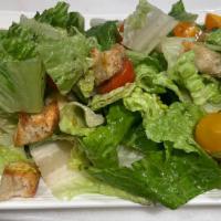 Vegan Romaine Salad · crispy romaine lettuce , lemon, EVOO, crostini, heirloom tomato
