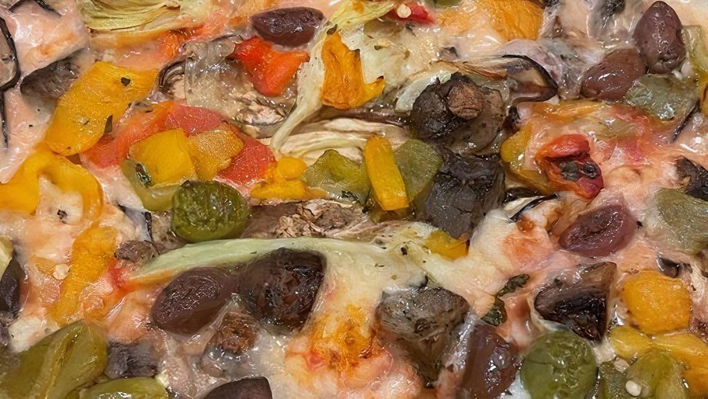 Vegan  Stagioni · tomato san marzano sauce , vegan mozzarella , olives , artichoke , roasted mushrooms, roasted pepper