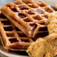 3 Chicken Wings & Premium Belgian Waffles · Comes with three Belgium waffles and three chicken wings, served with two side dishes.