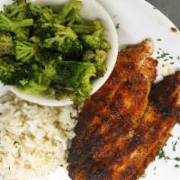3 Blackened Catfish With 2 Sides · Three pieces. Tender grilled blackened catfish, served with two side dishes and choice of br...