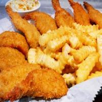 9 Fried Jumbo Shrimp With 2 Sides · Nine pieces. Jumbo shrimp coated in seasoned bread crumbs, then deep fried to golden brown p...