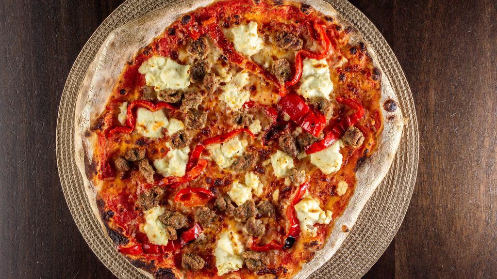 Sausage · Rustic sauce, house-made sausage, roasted red peppers, Ricotta cheese.