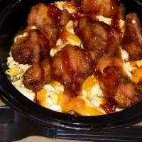 Hot Mess Bowl · 3 Scrambled eggs, popcorn chicken, cheddar, potato pancake, BBQ & hot sauce.