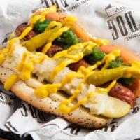 Chicago Dog · Beef hot dog topped with tomatoes, pickle spear, sport peppers, sweet relish, onions, mustar...