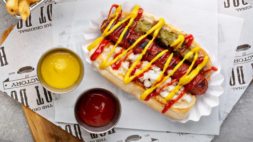 Martha'S Vineyard Jumbo · Jumbo beef hot dog topped with ketchup, mustard, relish, and onions.