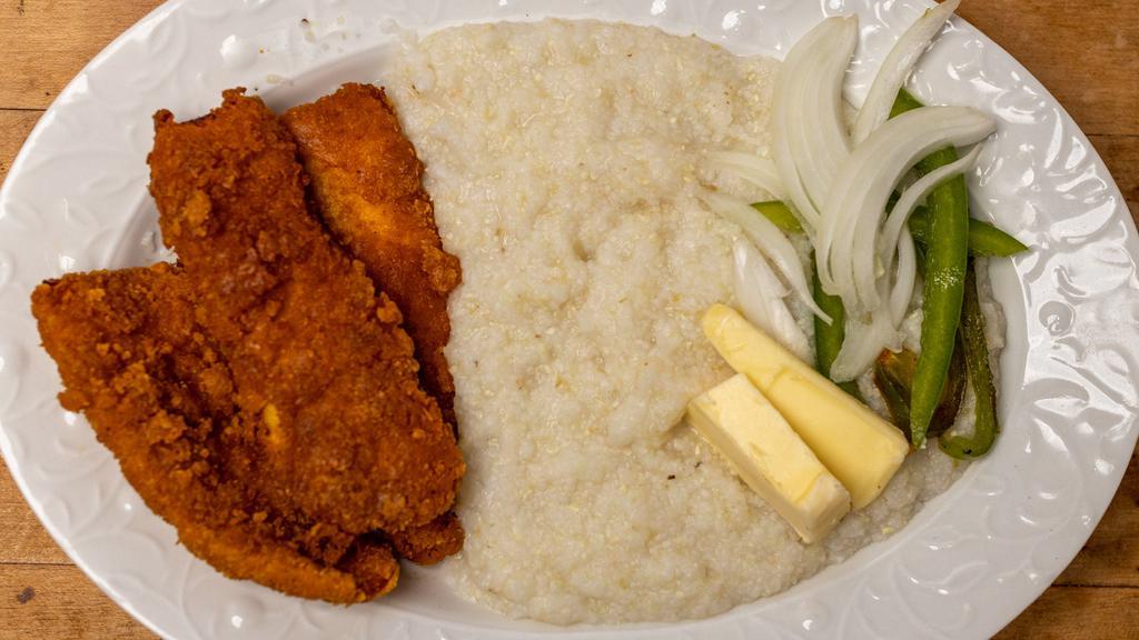Grits & Fish · Served with 3 pieces of fish, grits &  fresh, cut sweet peppers