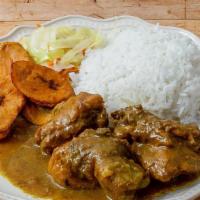 Medium Curry Chicken Platter · Each platter consists of meat, rice, and your choice of any 2 sides: mac and cheese, cabbage...