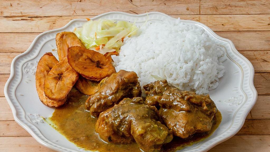 Medium Curry Chicken Platter · Each platter consists of meat, rice, and your choice of any 2 sides: mac and cheese, cabbage, or fried plantain.
